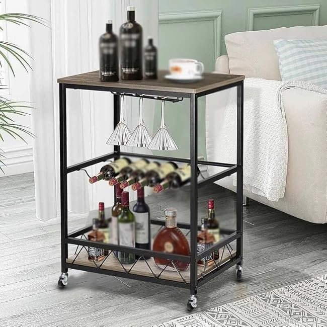 Multifunctional Rolling Kitchen Storage Trolley with Wine Rack and Wood Dining Car-RHPMo4Zr