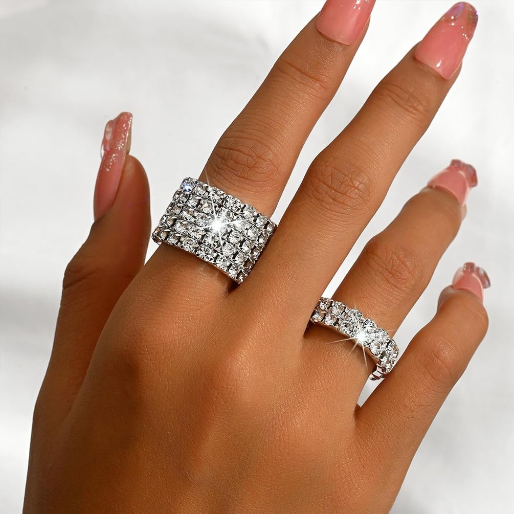 Funky Gold Sparking Rhinestone Stretch Rings Stackable for Women, Trendy Silver Black Stack Bling Zirconia Knuckle Ring Charm Party Prom Jewelry Gift - Image 4