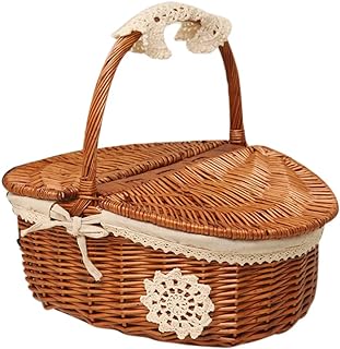 Wicker Picnic Basket with Lid and Handle, Handmade Camping Wicker Picnic Basket Shopping Storage Basket Cutlery Service Picnic Hamper Wedding Gifts for Outdoor Picnic Camping (As Shown)