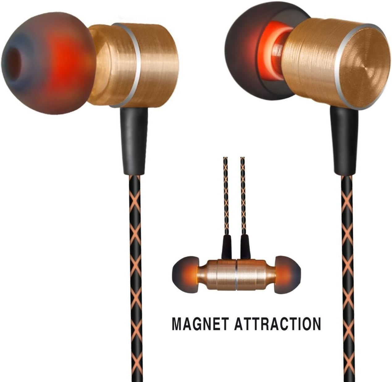 Headphones,[Upgrade Version]Magnet Attraction In-Ear Hi-fi Earbuds Heaphones headset with Mic Stereo Bass with 3.5mm Jack (golden)