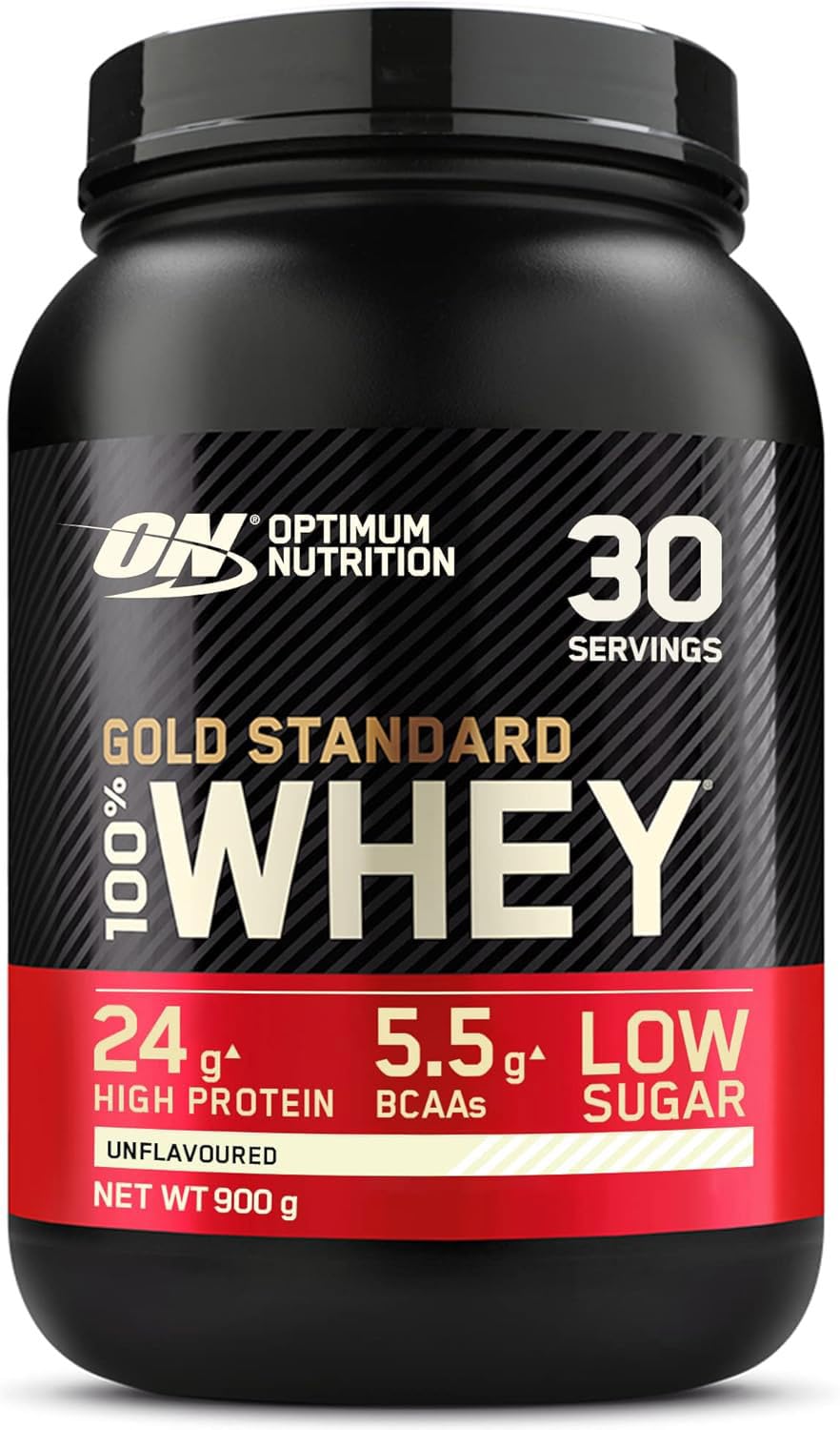 Optimum Nutrition Gold Standard 100% Whey Muscle Building and Recovery Protein Powder With Naturally Occurring Glutamine and BCAA Amino Acids, Unflavoured, 30 Servings, 900 g