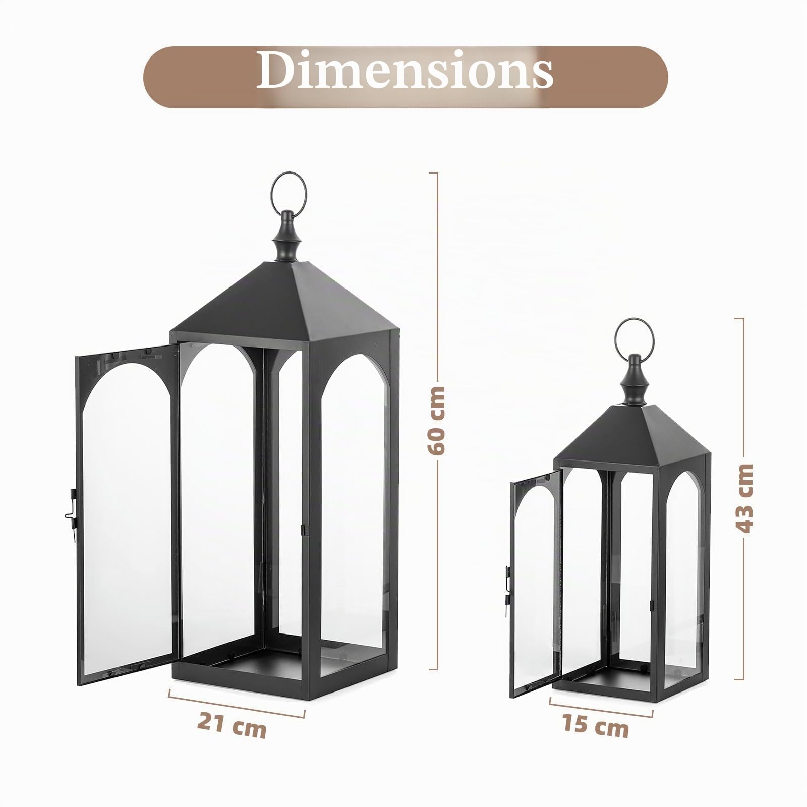 Lot de 2 lanternes d'extérieur résistantes aux intempéries pour balcon, jardin, noir, XXL