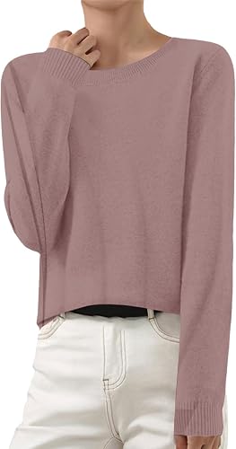 Cashmere Sweaters for Women Crewneck Long Sleeve Knit Pullover Pink