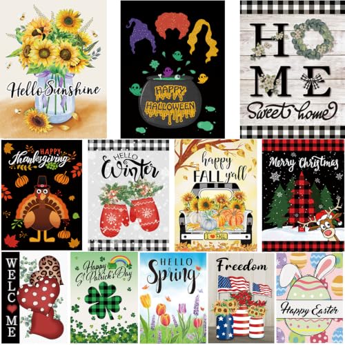 Pating Seasonal Garden Flags Set of 12 Double Sided 12 x 18 Inch Small Yard Flags for Outside Christmas Halloween Easter Valentines Day Outdoor Decor Holiday Garden Decorations for All Seasons