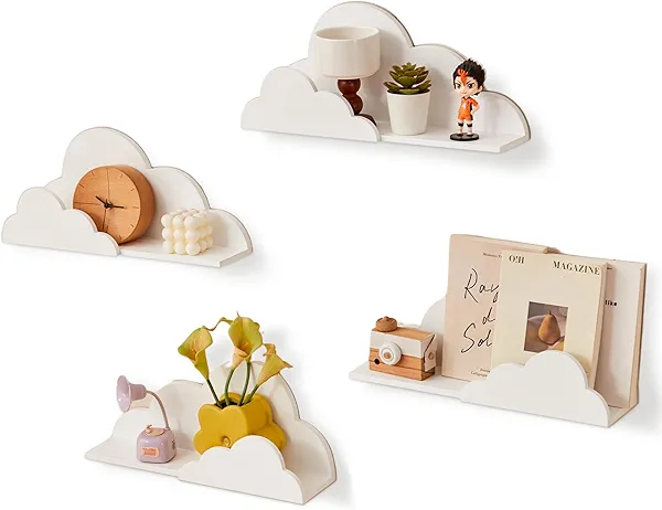Cloud Floating Book Shelves, 5-Pack Wood Nursery Book Shelves for Wall, Modern Decor Wall Shelves, Kids Bookshelf for Toys, Plants & Storage, Toddler Room, Nursery Decor Storage(White-4 Pack)