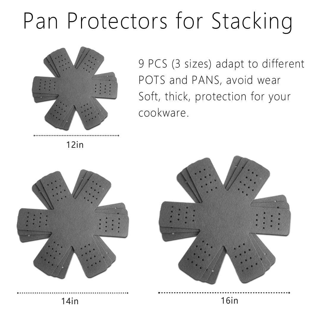 9 protectores de ollas y sartenes (12, 14 y 16 pulgadas), protectores grises para apilar, separadores de ollas y sartenes, 3 tamaños diferentes, evita arañazos en los utensilios de cocina