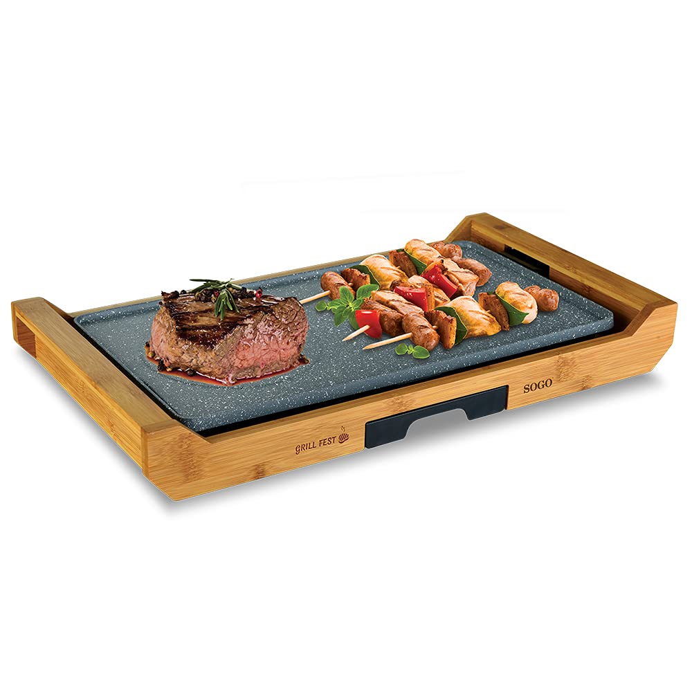 SOGO Piastra elettrica grill 43x23 cm con rivestimento antiaderente effetto pietra e base in bambù 2200W