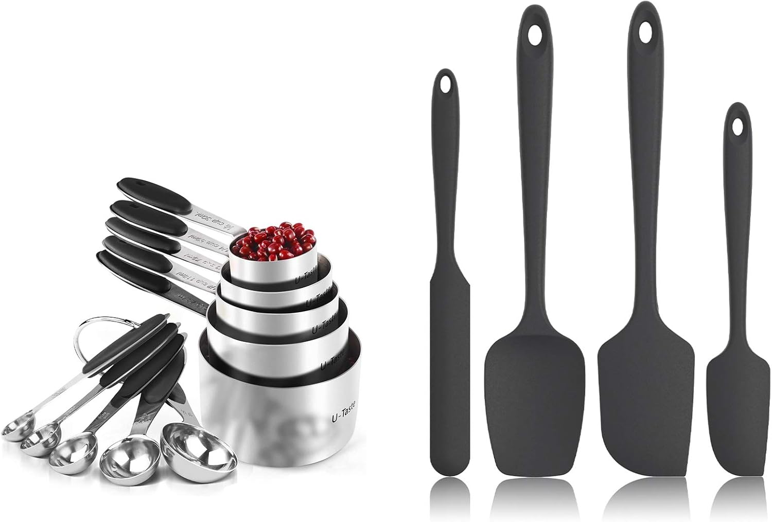 U-Taste 18/8 Stainless Steel Measuring Cups and Spoons Set of 10 Piece, Upgraded Thickness Handle(Black), U-Taste 600ºF Heat Resistant 11.38in Silicone Scraper (Black)