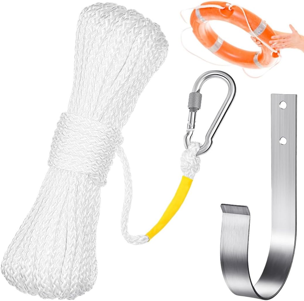 49Ft Rescue Rope with Stainless Steel Hook & Ring Buoy Bracket