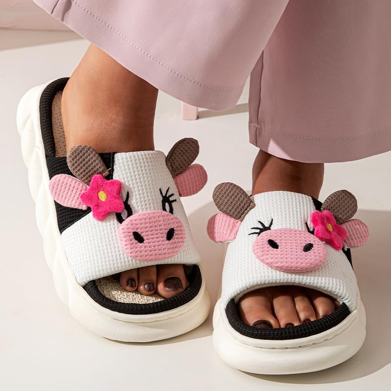 Loizziuy Cow Linen Summer Slippers for Indoor Outdoor Open Toe Breathable Anti-Slip Thick Sole Kawaii Cartoon Comfort Sandals4