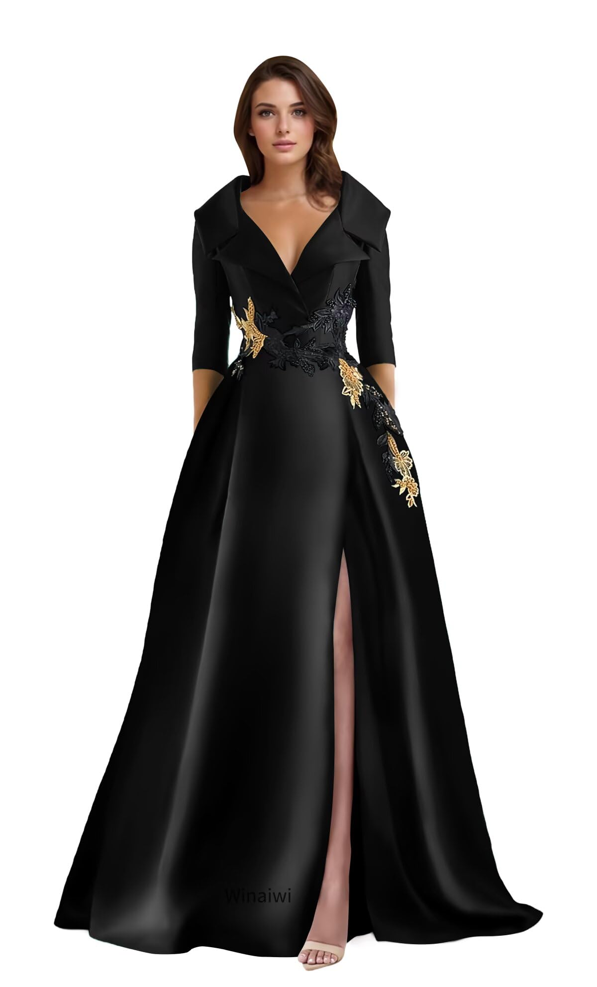 Winaiwi Long Sleeve Satin Mother of The Bride Dress Appliques V Neck Formal Prom Party Evening Dress with Pockets