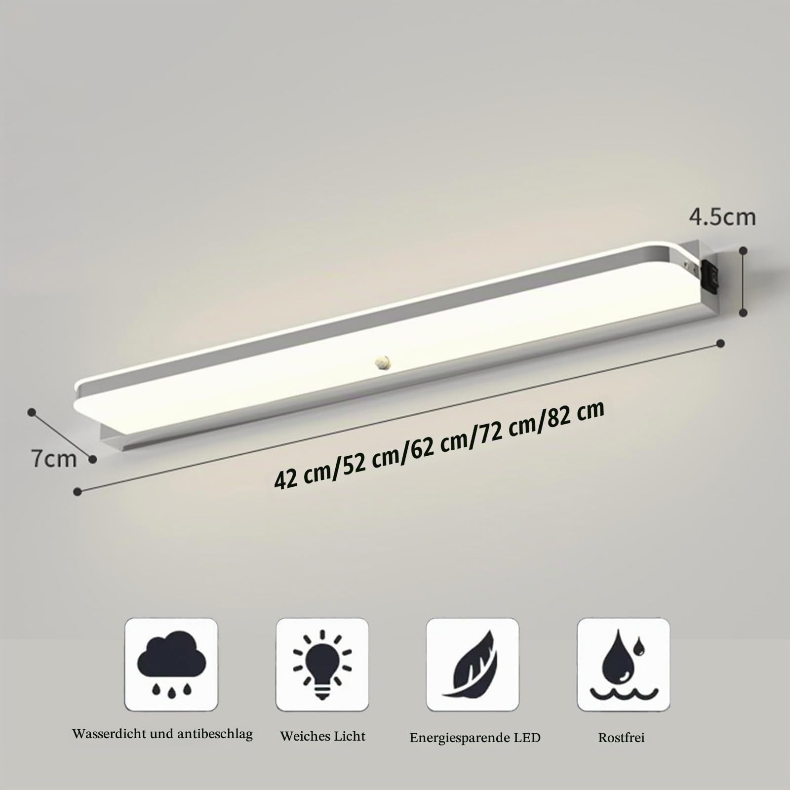 LED Spiegelleuchte Bad mit Bewegungsmelder Edelstahl Spiegellampe Badezimmer Wandleuchten Wasserdicht Modern Lange Wandlampen Schlafzimmer Wohnzimmer Treppenhaus Natürliches Licht (Silbernes,52cm)