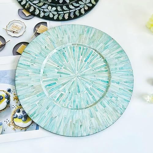 Miniatura 3 de i-lan Paquete de 2 platos decorativos de madreperla de 13 pulgadas para exhibición, platos de madera con incrustaciones de concha de mar para