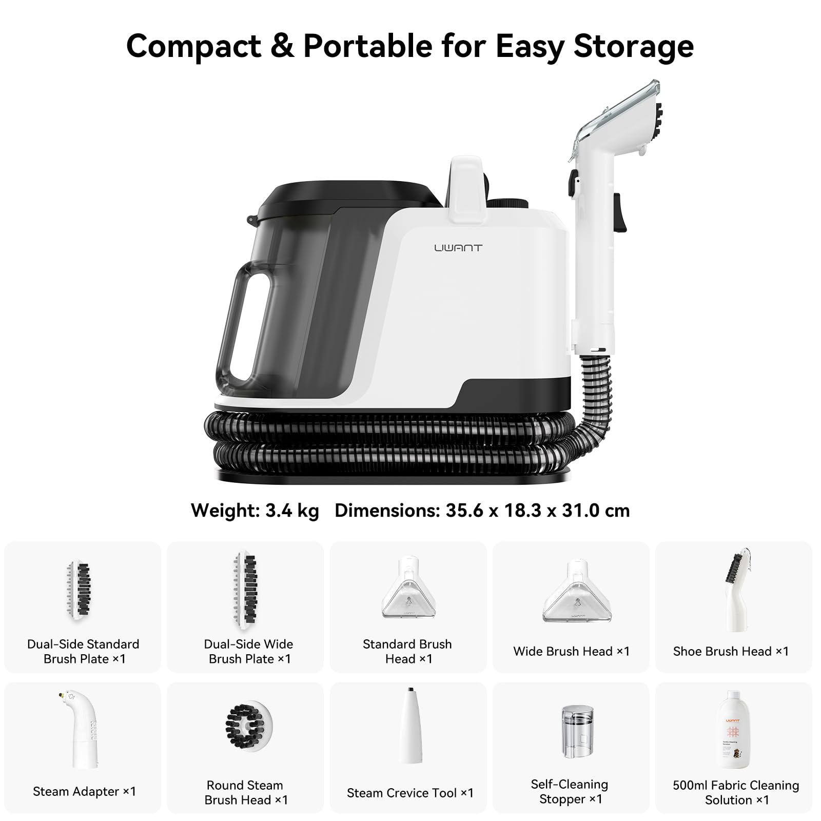Uwant Lavatappeti Lava e Asciuga a Vapore Y100S 1750W 18KPa, 3in1 Fredda/65℃ Calda/100℃ Vapore, Spazzole multiple Lava Divani/Tappeti/Auto/Cucina, 2.4L Serbatoio Auto-pulizia Portatile Lavatessuti