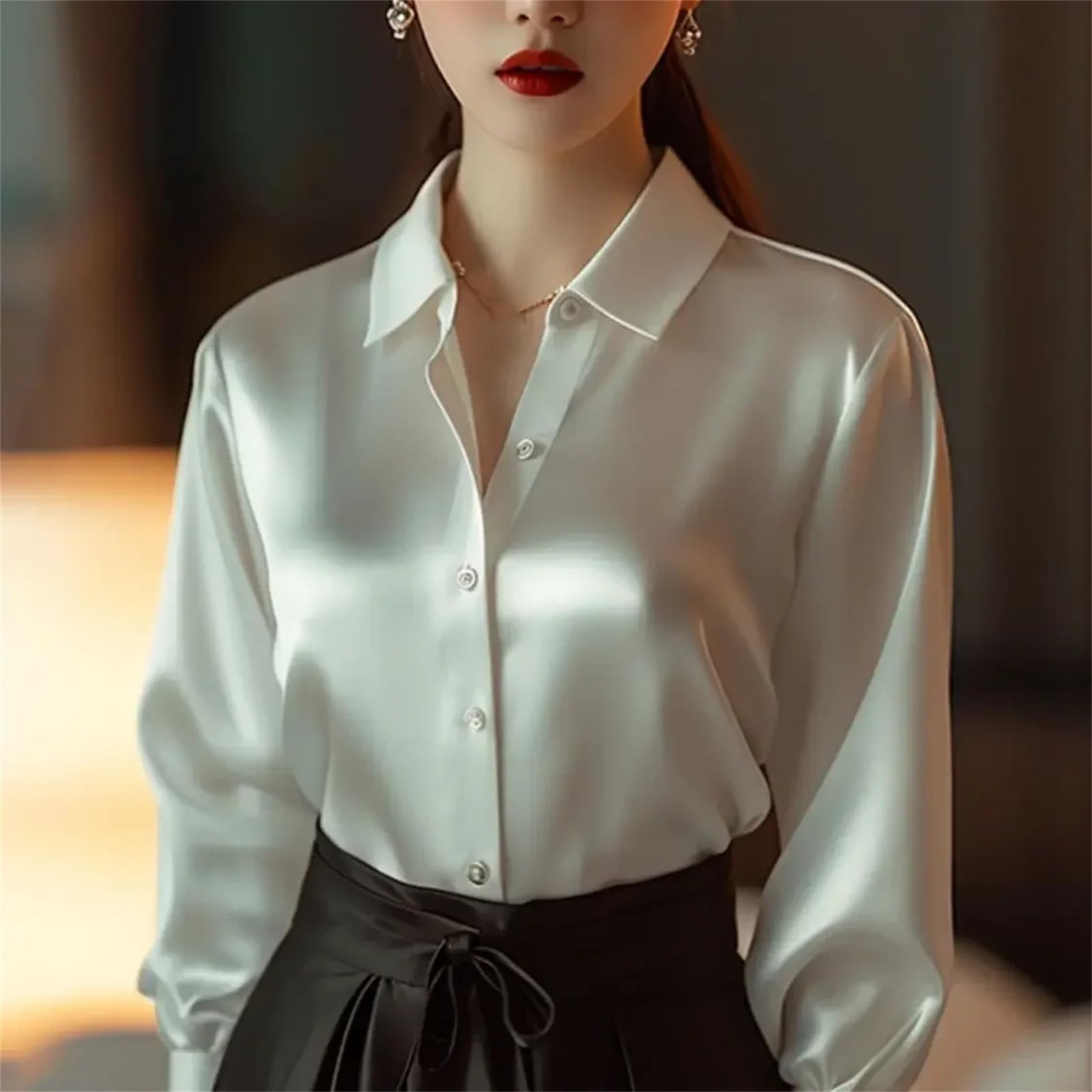 Camicie in raso da donna camicetta vintage a maniche lunghe con bottoni camicia da ufficio da donna maglietta casual da donna