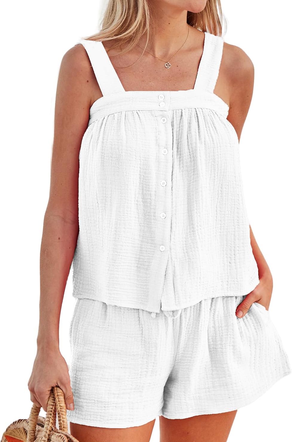 Women's Button Down Cami Pajamas Set Summer Cotton 2 Piece Shorts Set Beach Vacataion Outfits With Pocket
