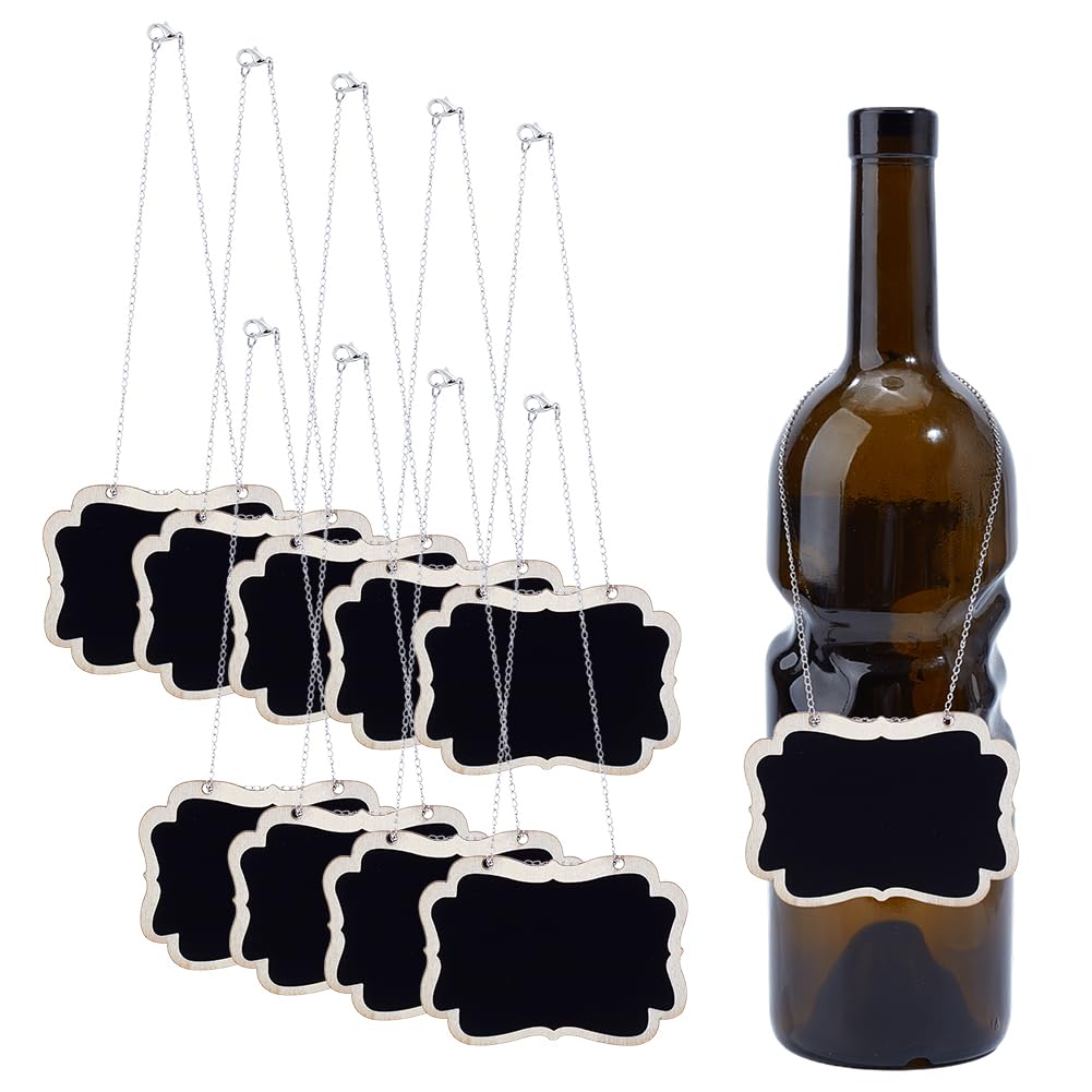 DELORIGIN 10pcs Chalkboard Tags with 304 Stainless Steel Chain Blackboard Slate Decanter Tag Wooden Chalkboard Signs Custom Liquor Decanter Labels Message Boards for Wedding Wine Bottle Whiskey