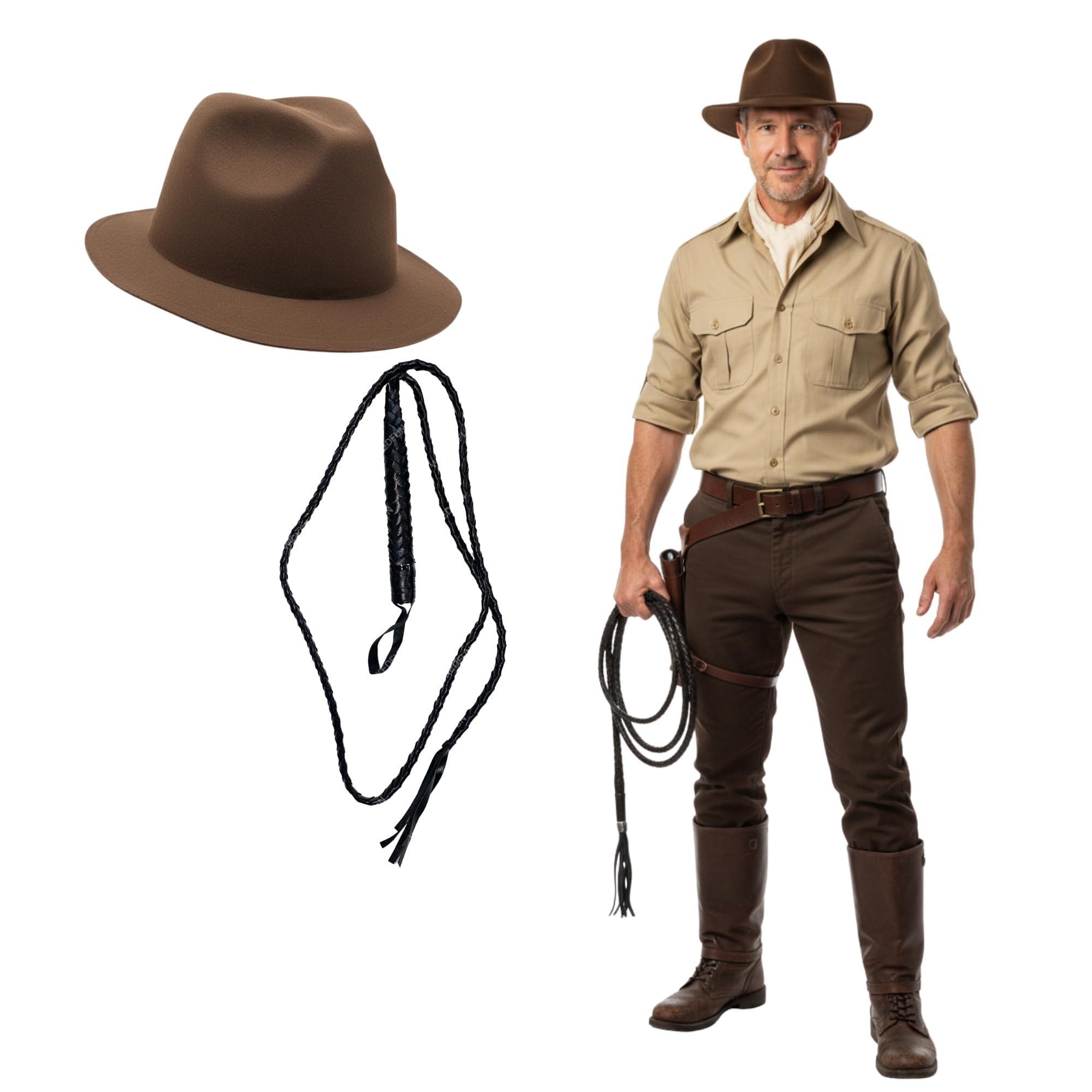 FNA FASHIONS Jones Style Brown Explorer Hat and Bull Whip Adults Fancy Dress Accessories Set (Soft Felt Hat & Bullwhip)