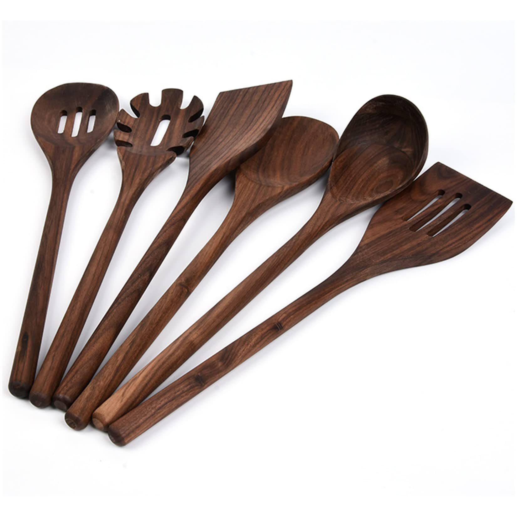 6-teiliges Küchenutensilien-Set aus schwarzem Walnussholz, natürliches Kochutensilien-Set aus Holz, Schlitzlöffel, Spatel, Pfannenwender-Set für antihaftbeschichtetes Kochgeschirr, Nudelgabel