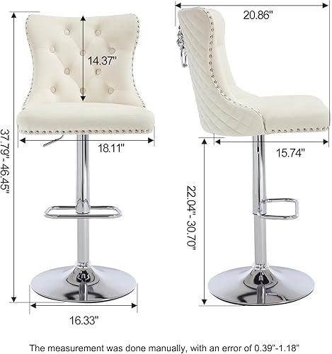 Miniatura 61 de Juego de 4 taburetes de bar giratorios ajustables de terciopelo con respaldo copetudo, ribete de cabezas de clavos y anillo de tracción, sillas de