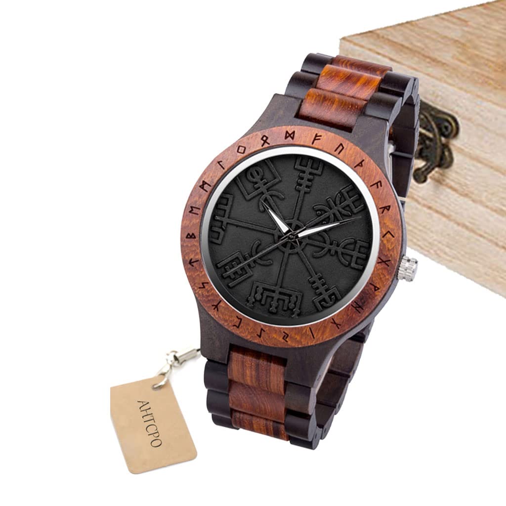 Relojes De Madera Vegvisir, Hombres Vikingos Joyería, Mito Nórdico Vintage Runas Círculo, Brújula Reloj de Madera, Hecho a Mano Grabado Caja de Madera de Regalo