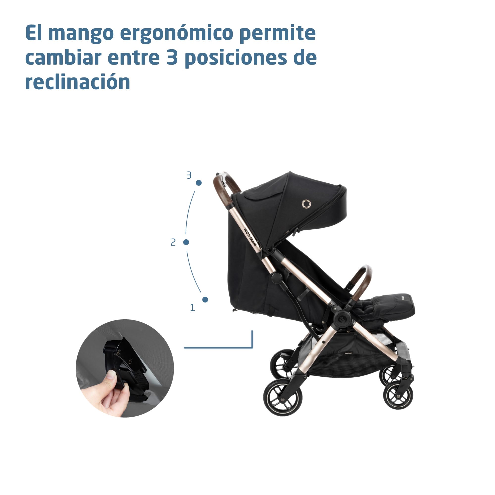 Maxi-Cosi Eva3 Cochecito, 0-4 años, 0-22 kg, silla paseo bebé, cochecito ligero y compacto, posición totalmente reclinada, plegado automático con una mano, Essential Black Champagne