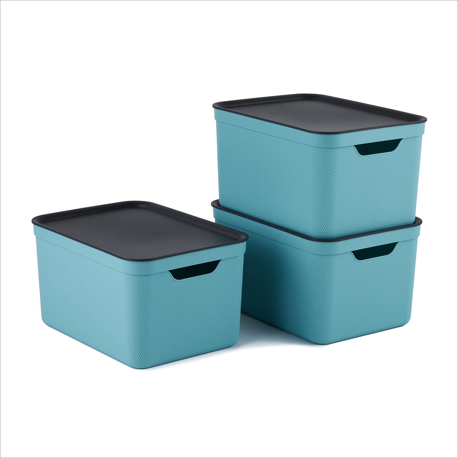Rotho Turquoise/Anthracite Jive Dekobox Set Of 3 Storage Box 16L With Lid, Plastic (Pp Recycled), 3X16l (37.5 X 27.8 X 29.8 Cm)