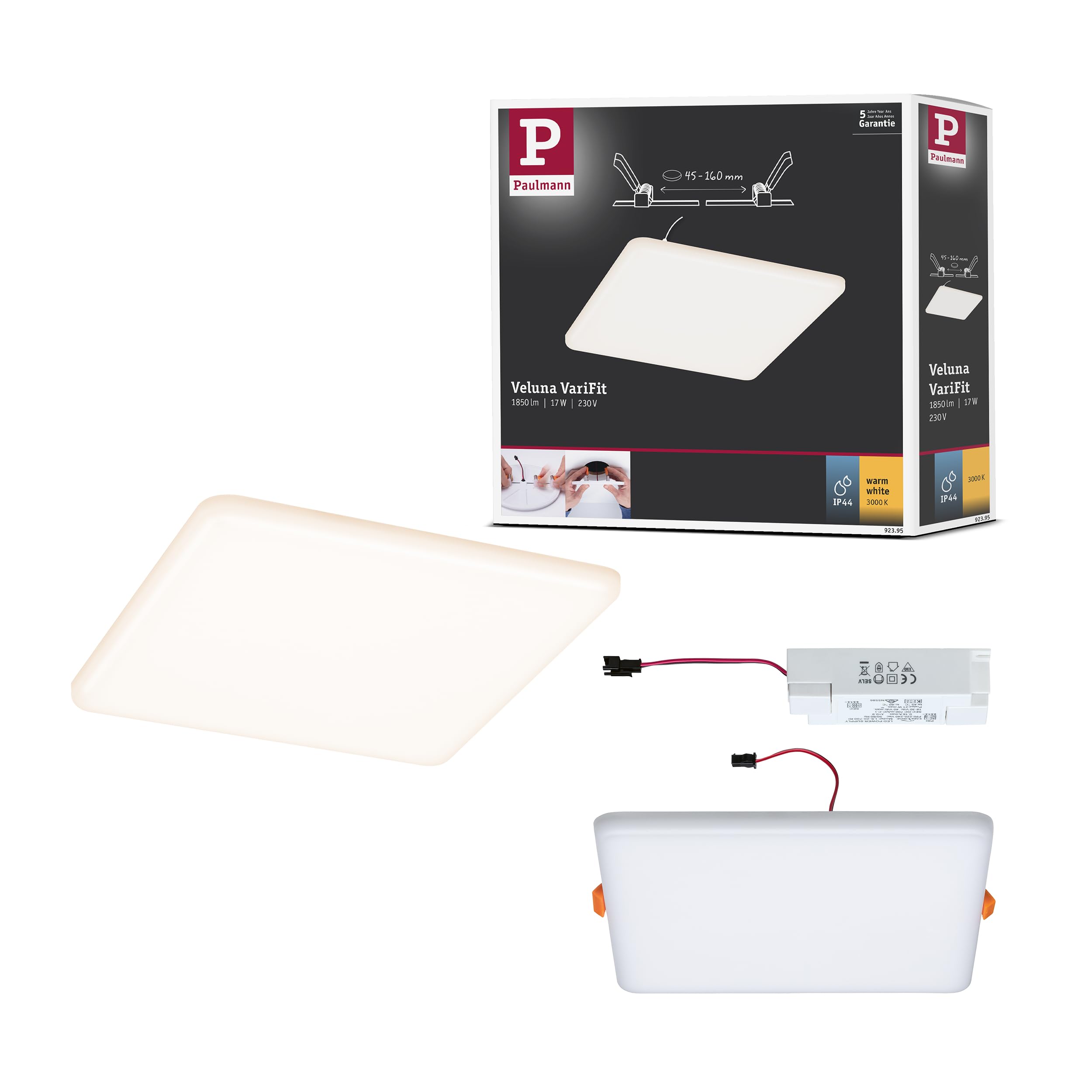 Paulmann 92395 Panel LED, oprawa wpuszczana Veluna VariFit, IP44 185x185mm czworok., w kompl. oprawa sufitowa 1x17 W satyn. tworzywo sztuczne 3000 K
