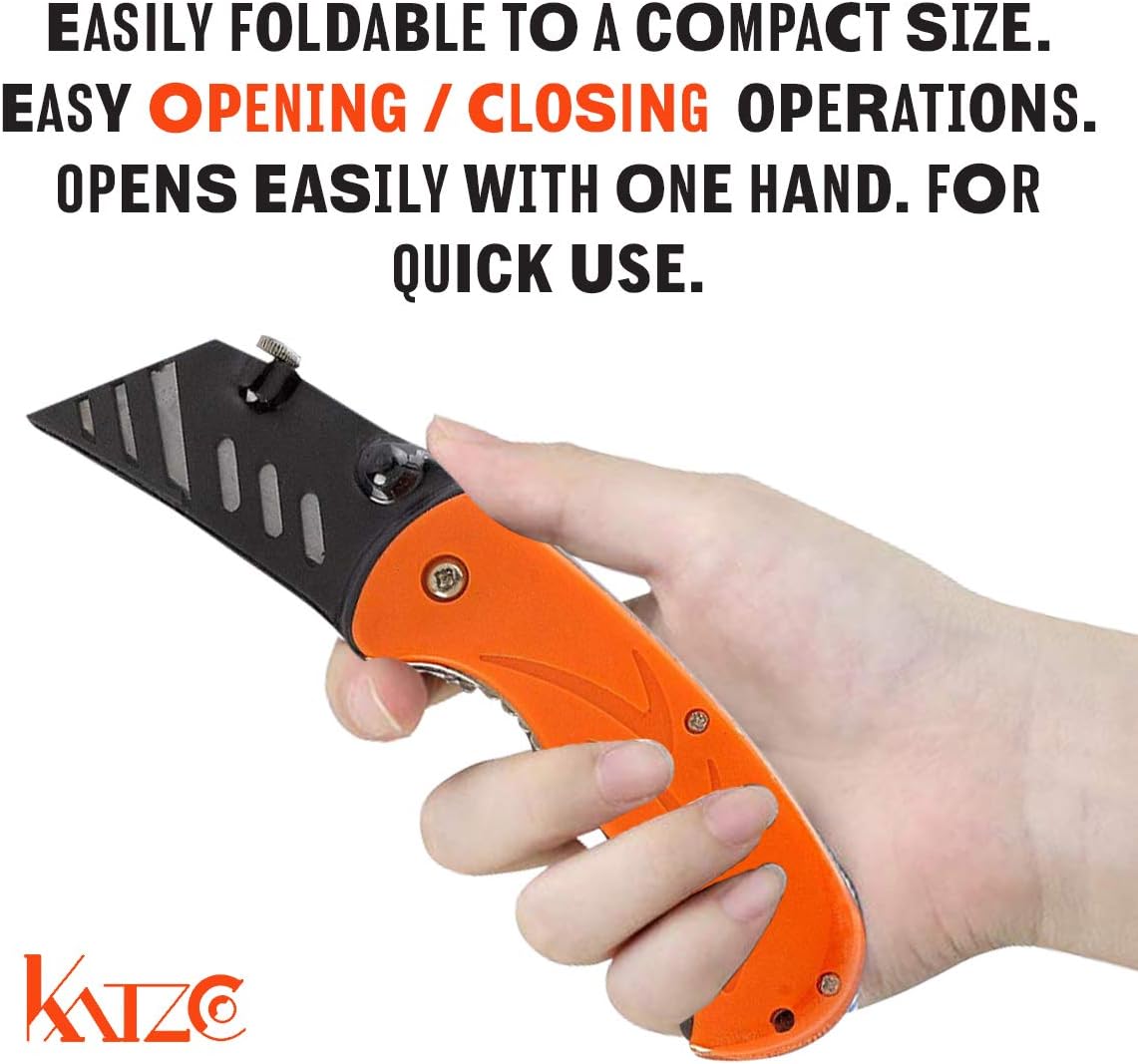 Katzco Folding Utility Knife Set – Includes 5 Replacement Utility Blades - Plastic Cover for Sharp Edge - Ideal for Cardboard, Rope, Carpet, Linoleum, Plastic, Leather, Wallpaper
