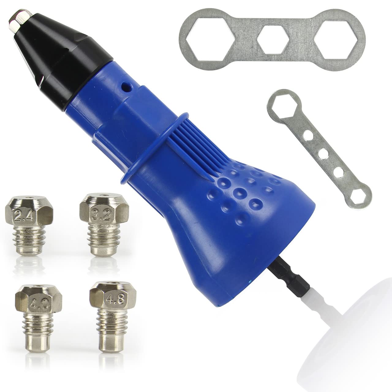 Adaptador para atornillador de taladro, remachadora | 16 cm | vástago hexagonal | boquillas 2,4/3,2/4,0/4,8 mm | 2 llaves