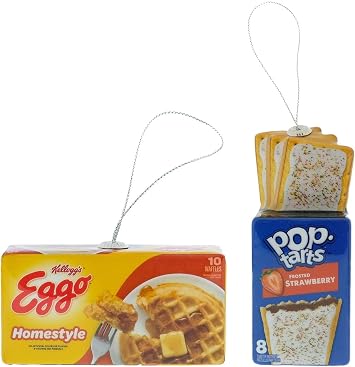 Wondapop Pop Tart and Eggo Christmas Ornament Set, Indoor/Outdoor Tree Decorations and Holiday Home Decor, Pack of 2