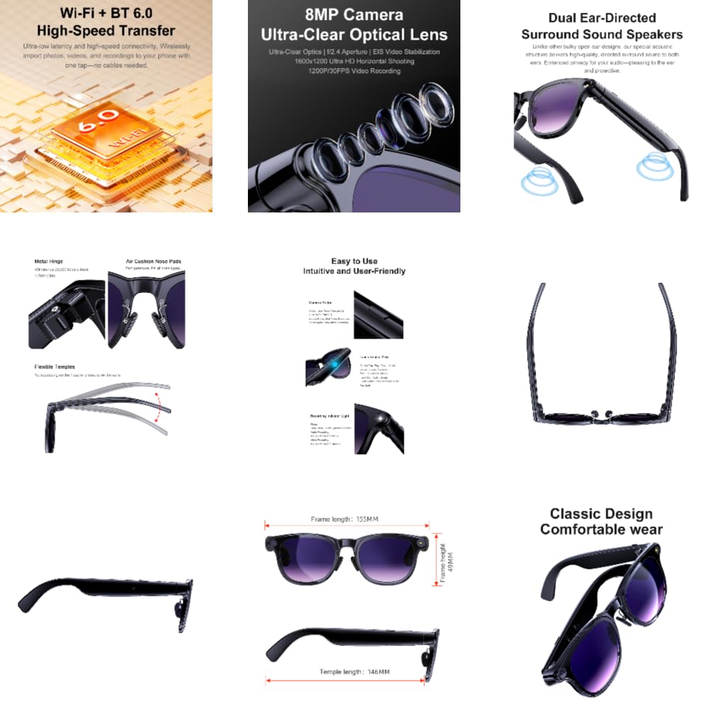 Lot de 2 lunettes intelligentes AI avec appareil photo, Bluetooth 6.0, contrôle vocal, lecteur vidéo et musique anti-secousses, portables pour les jeux, les voyages, les activités de plein air