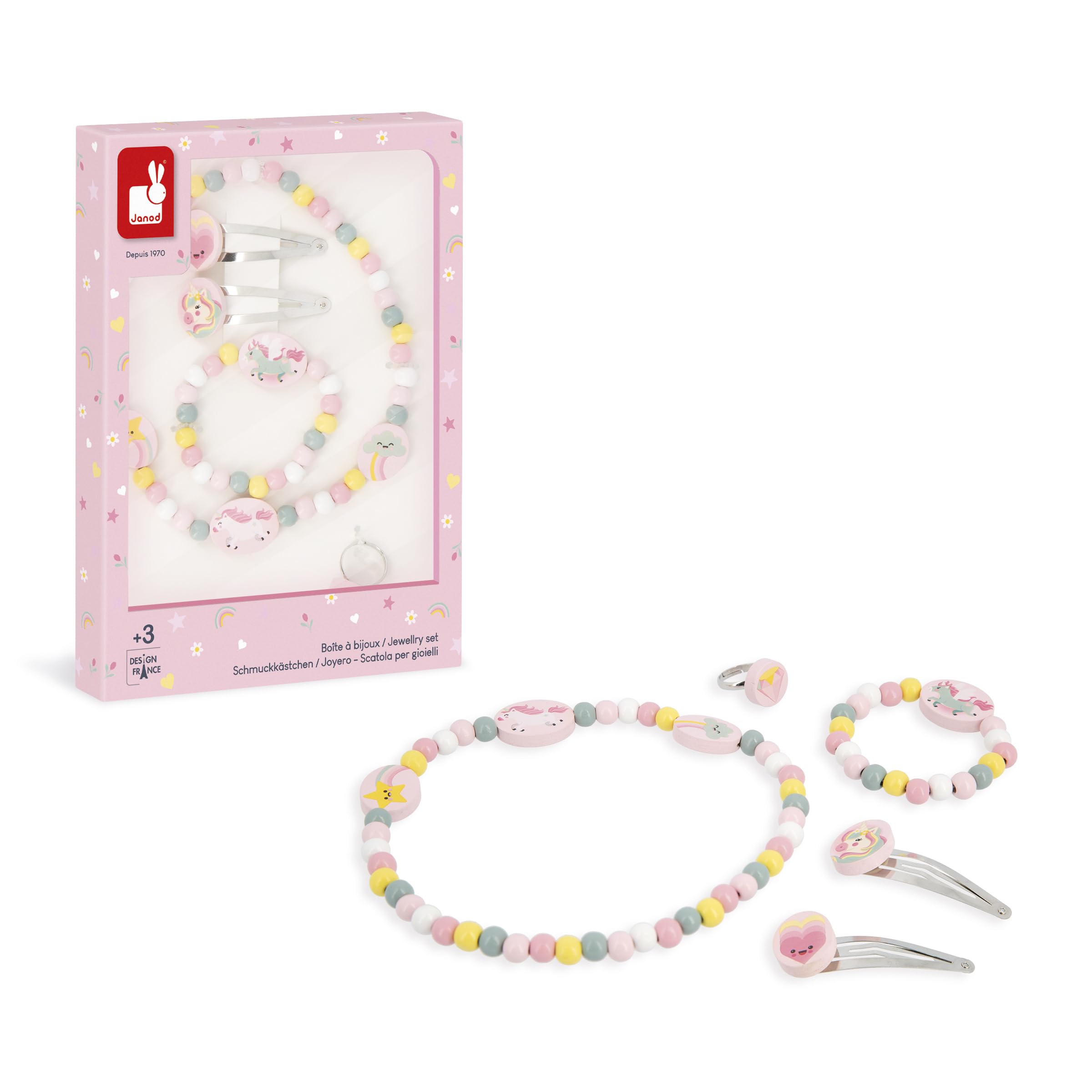 Janod Set de 5 Joyas de Madera Unicornios - 1 Collar, 1 Pulsera, 1 Anillo y 2 Clips - Joyas de Madera y Metal FSC - Accesorio de Moda - A Partir de 3 Años - J08880
