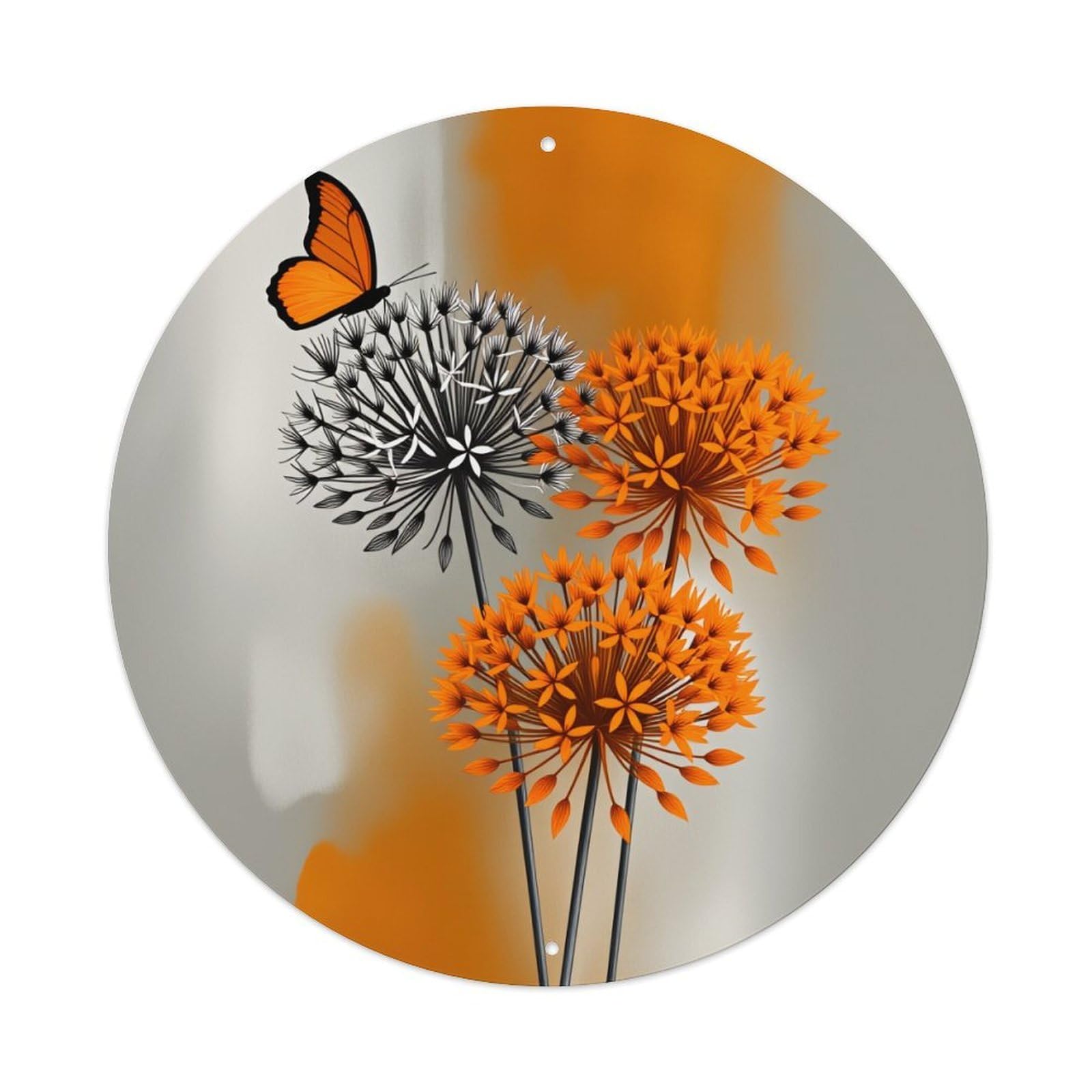 Wmlzdnwr Vintage Orange Butterfly Dandelion Floral Pattern Print Round Tin Sign,Retro Wall Art,Metal Poster For Home, Bar, Garage, Cafe, Rustic Indoor & Outdoor Decor, 8X8 Inches