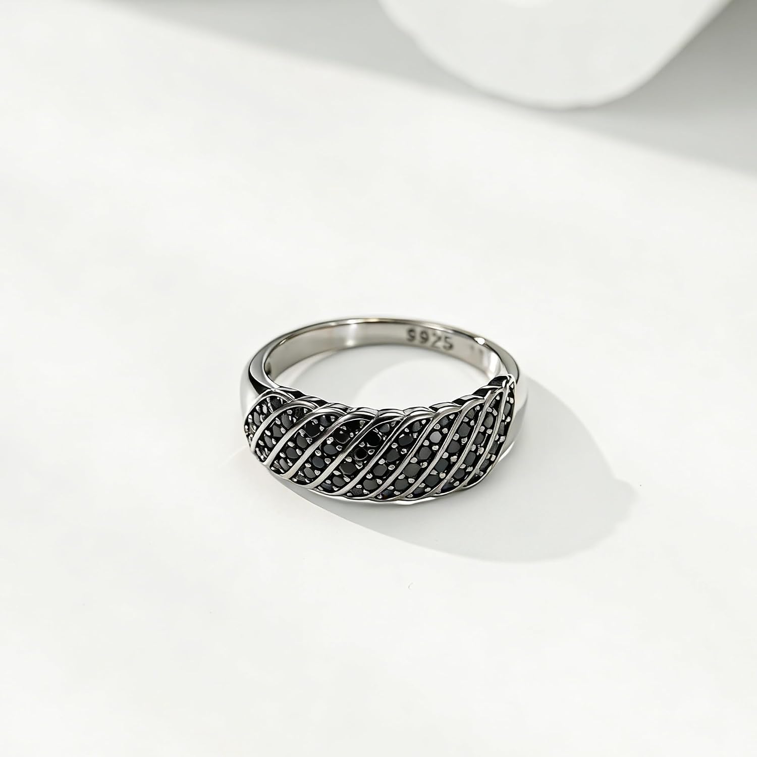 all black Statement rings for women, Sterling Silver with Black Zircons, Wavy Vintage Wide Band, Size 6-10