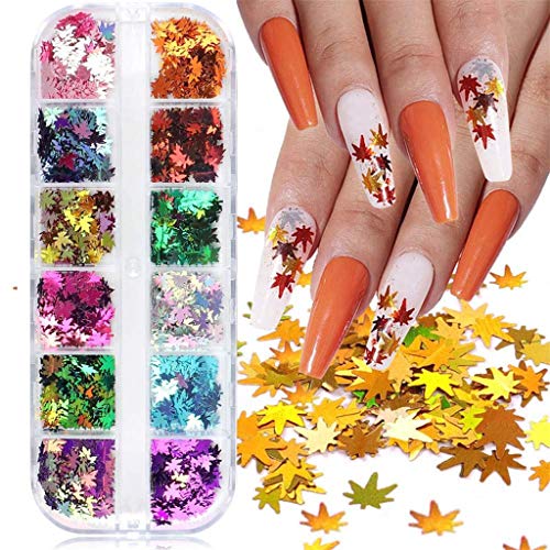 Gahrchian Halloween 3D Nail Stickers Luminous DIY Nail Patch Decal Nail Foil Transfer Stickers Foils Foil Adhesive Glue Set (1 Box Maple Leaf Nail Sequins)