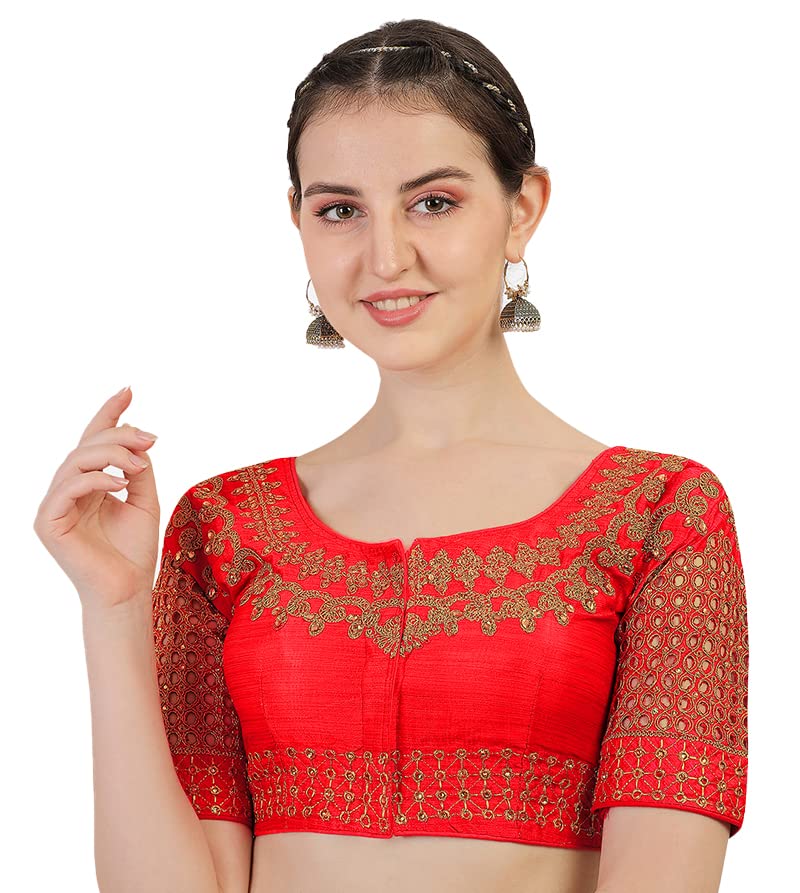 Pujia Mills Women's Silk Checks Half Sleeve Blouse (Jali New Variation Blouse_Red_Free Size)
