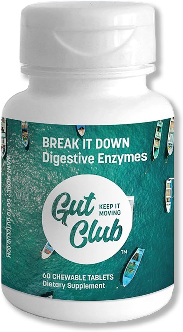 Gut Club - Break It Down Digestive Enzymes, 60 Chewable Refreshing Mint Flavor Tablets, Travel-Ready Bottle, Sugar-Free, Optimal Digestive Support for Men & Women, (60 Count)