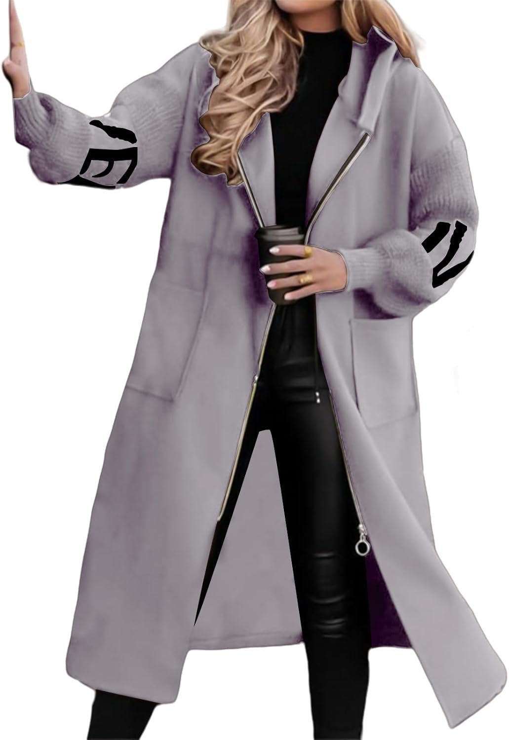 Canbebig Womens Hoodies Casual Knitted Sleeve Wool Trench Coat Zip Up Hooded Jackets Lightweight Loose Wool Blend Overcoat