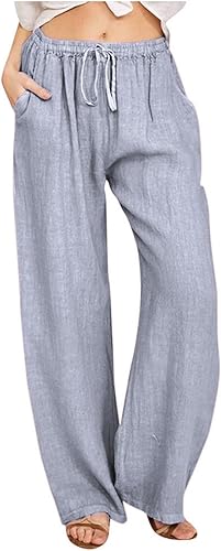 Didadihu Pantalon Femme Lin - Pantalon Fluide et Large pour l'Été, Taille Élasti