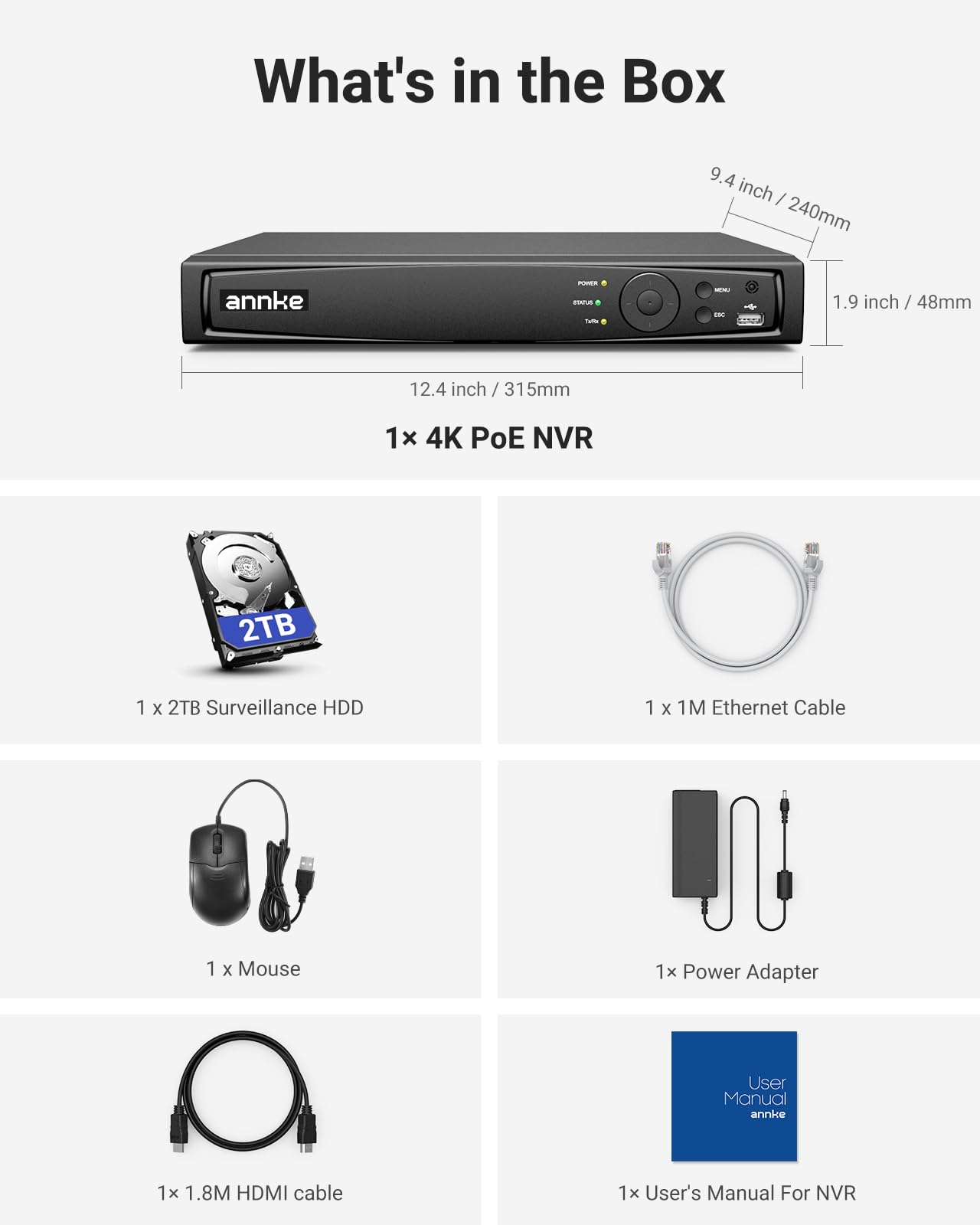 ANNKE 16CH 12MP PoE NVR system monitoringu, monitoring wideo do domu, wewnątrz, na zewnątrz, obsługuje kamery IP 12 MP, 4K, 5 MP, 4 MP, nagrywanie monitoringu 24/7 (dysk twardy 2TB)