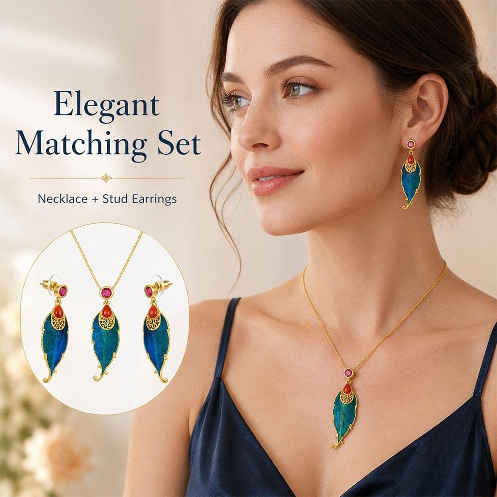 Set Gioielli Con Ciondolo Piuma Blu, Collana E Orecchini A Bottone