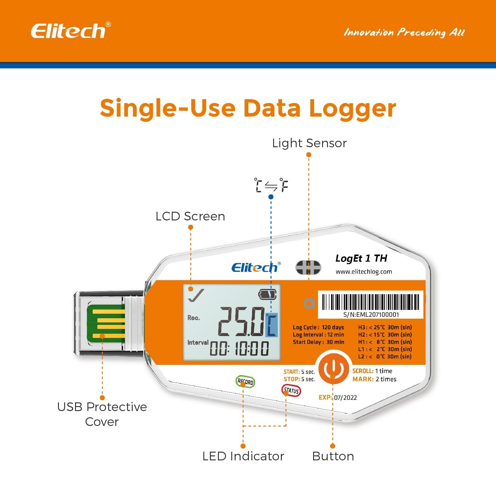 Elitech Registratore di Temperatura USB Monouso WHO PQS Calibrazione Report PDF 120 Giorni Trasporto e Display LCD Per Catena del Freddo LogEt1 – 1 Pezzo