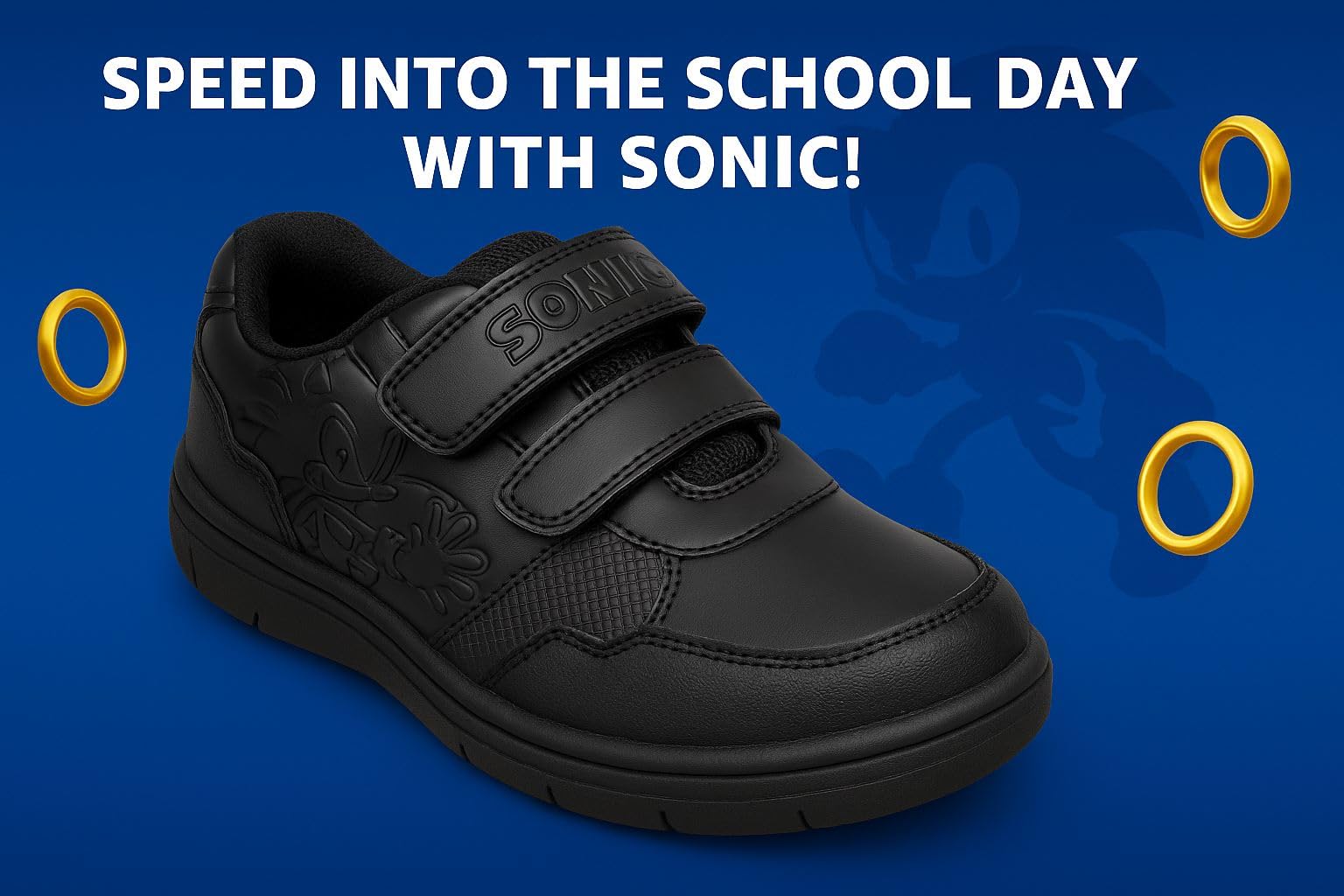SONIC THE HEDGEHOG Zapatos escolares para niños con licencia oficial con correa de velcro negro con diseño sónico en relieve, suela antideslizante, acolchada, cómoda, duradera, construcción del Reino