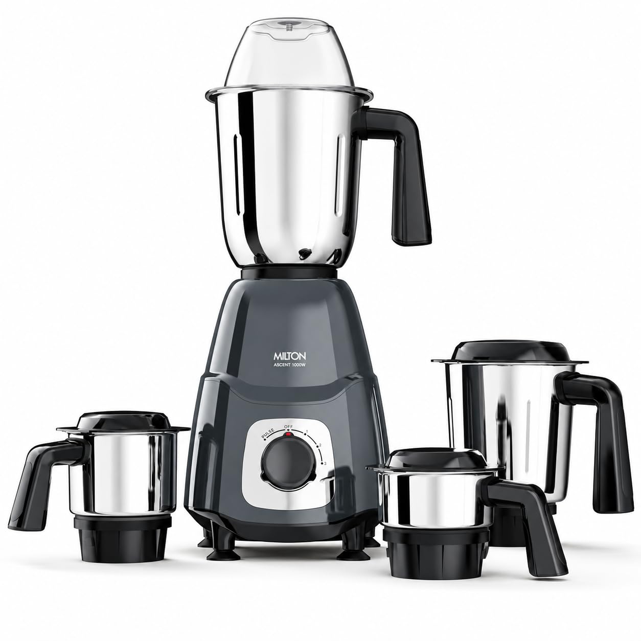 Milton Ascent Mixer Grinder, ISI Certified, Grindstone Blade Technology with Noise Limiting design, 4 Jar, 1000 W (22000 RPM), 5 yr motor warranty, 2 yr product warranty I Grey-image-34