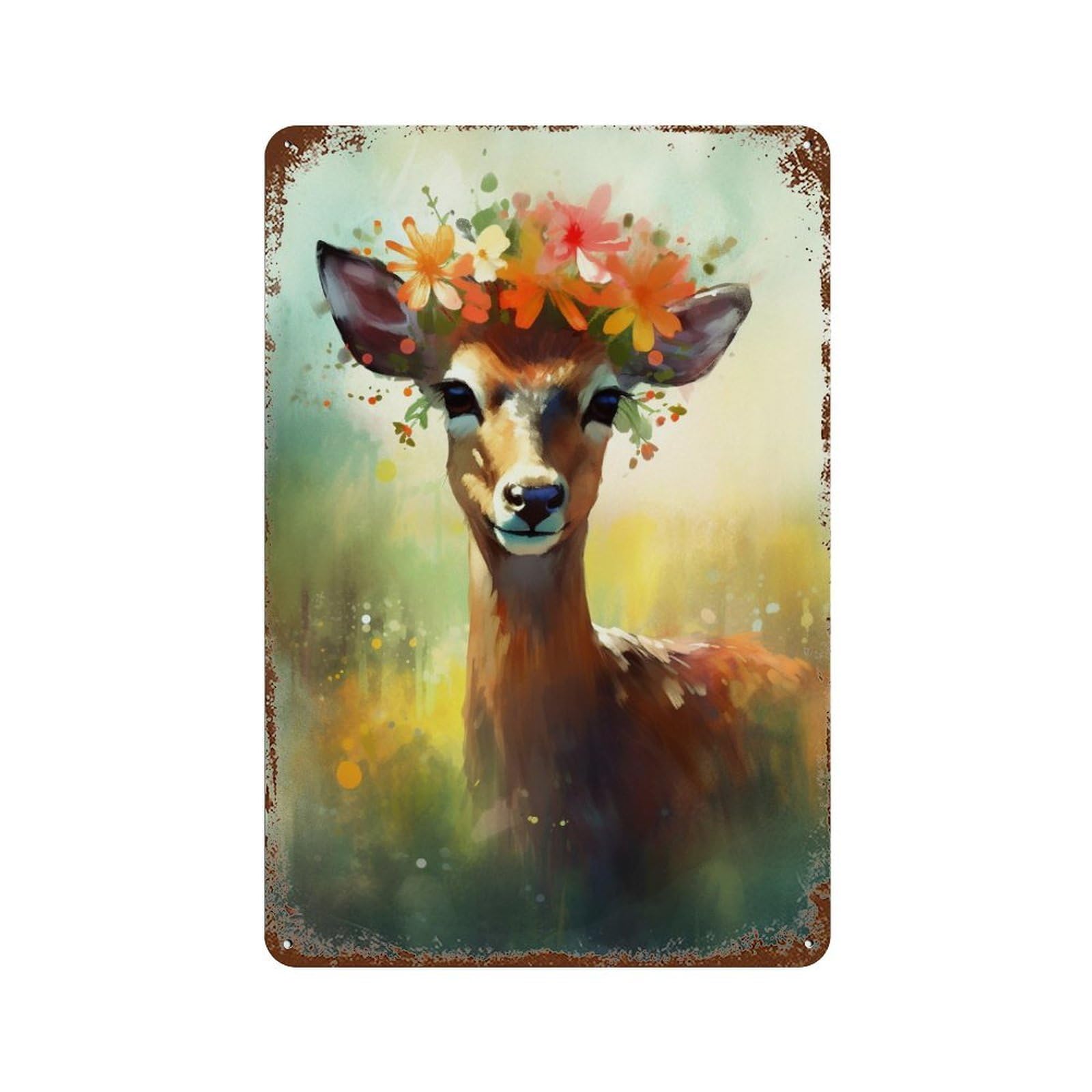 Deer with Flower Crown Art Print Distressed Metal Wall Sign 11.8"x7.9", Rustic Home Decor for Living Room, Hallway And Home Decor