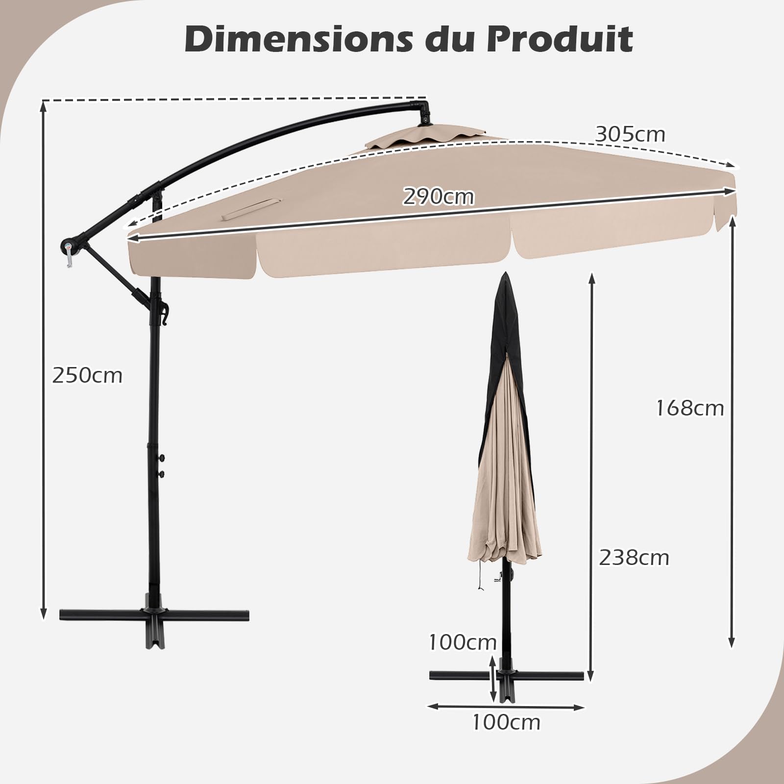 GOPLUS Parasol Déporté 3x3m avec Housse, Grand Parasol de Jardin Exterieur, avec Toile Inclinable 35°, Manivelle et 8 Baleines, pour Terrasse Balcon Patio (Beige)