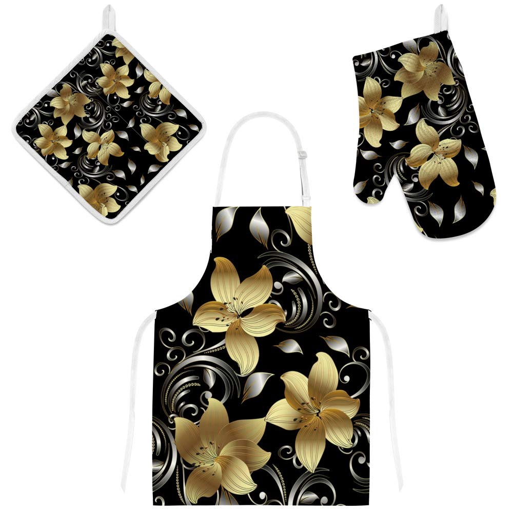 Tablier de cuisine fleurs dorées avec gant de four thermique et manique isolante