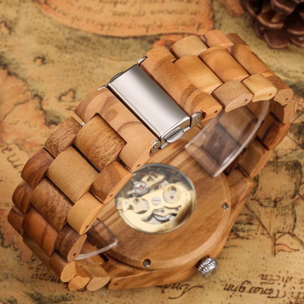 Relojes esqueléticos mecánicos de madera de los hombres de la moda, reloj de correa de madera sin batería para los hombres, relojes mecánicos de madera con esfera de números grandes romanos, M804.