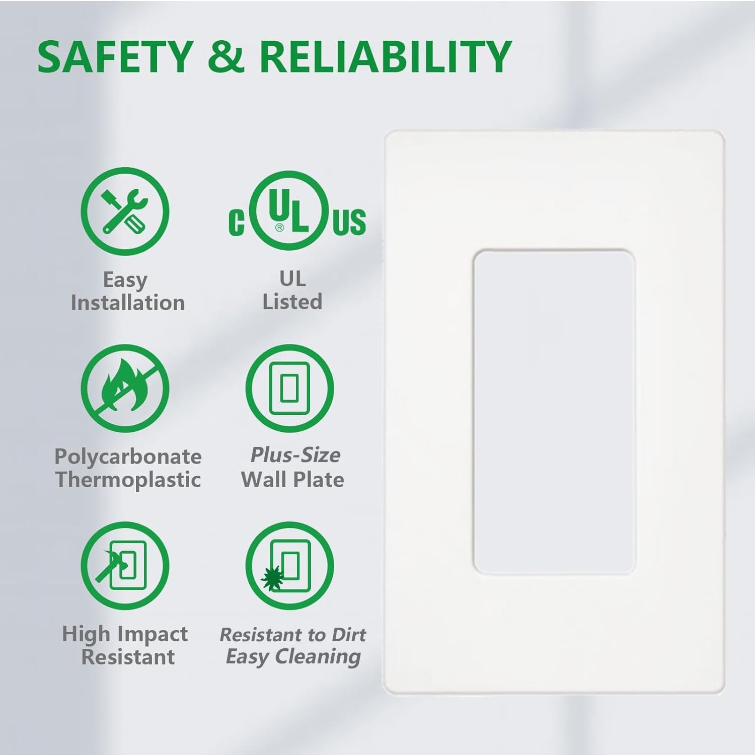 Light Switch Screwless Wall Plate,1-Gang Cover for Decorator Receptacle Outlet & Switch,Plus-Size,UL Listed,2 Pack(Glossy-White)